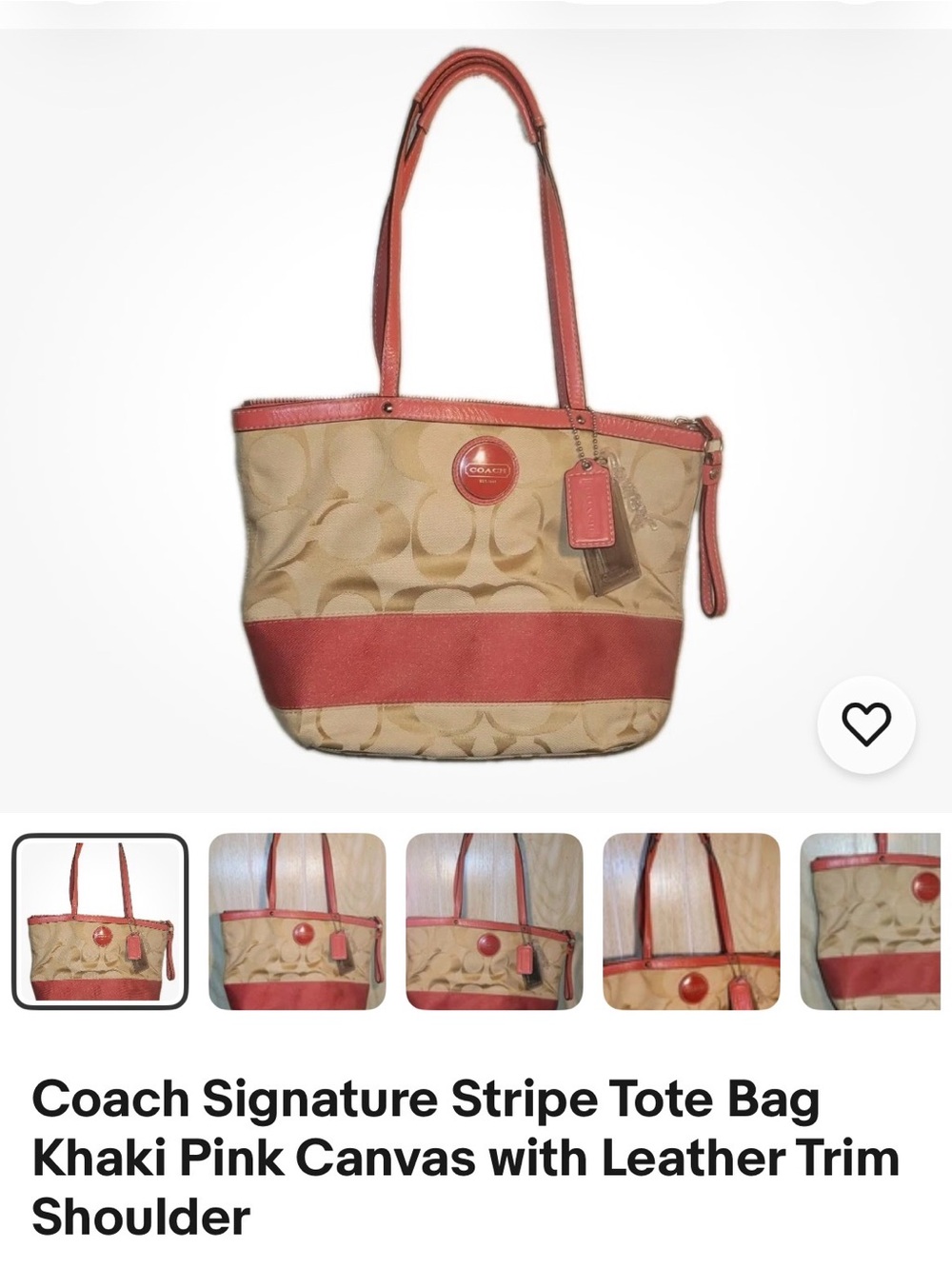 Coach Khaki and Coral patent leather Trim Signature Stripe Tote